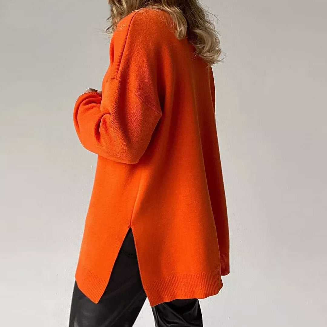 Francesca Wool Oversized Turtleneck Sweater | Ribbed Side Slit Sweater